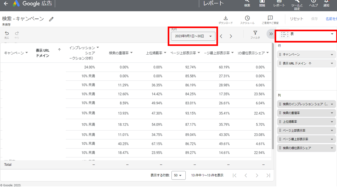 レポートエディタでオークション分析を見る方法②