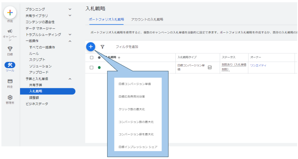 ツール＞予算と入札単価＞入札戦略